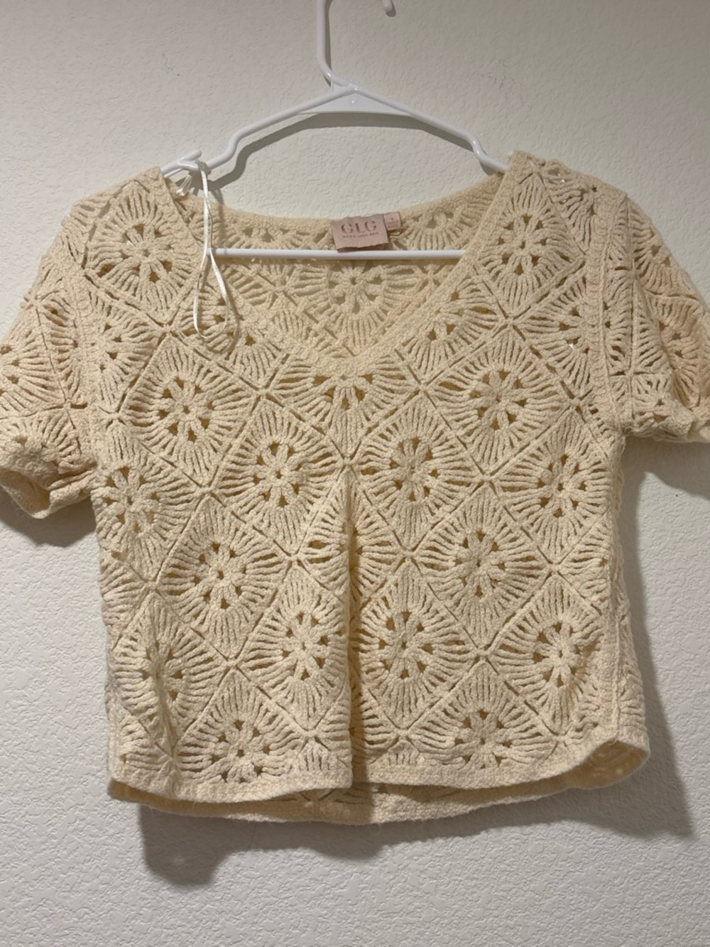 Cream Crochet Short Sleeve V-Neck Top
